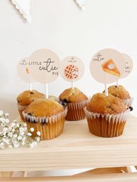 Check out the other decorations in this theme: https://etsy.me/3E5AfHZ What better way to celebrate a little cutie pie you love than a Little Cutie Pie Birthday Party or Baby Shower?!. These baking and antique-ish infused decorations are nothing but adorable & perfectly on-theme. INCLUDED: (10) Little Cutie Pie + Pie Cupcake Toppers FEATURES: *Only Premium Cardstock Used *All Items Come Together in the Same Package *Every Banner Pre-Strung on Hemp Chord, Ready to Hang *Everything Is 100% Customi