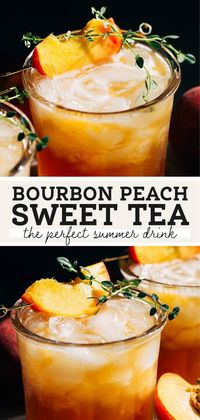 This peach bourbon sweet tea is like summer in a cocktail. Fresh peaches are mashed with a hint of brown sugar and balanced with lemon juice, bourbon, peach liqueur, and amaro. It's all topped with peach tea to round out those delicious flavors!