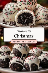 These delicious Oreo Balls are a festive treat perfect for the holiday season. Combining crushed Oreo cookies and cream cheese, these bite-sized delights are dipped in melted chocolate and decorated with colorful sprinkles, making them a delightful addition to any Christmas celebration.