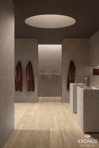 Modern Bathroom design ideas: Stone and wood look tiles and bespoke niche and washbasins. Collection by Kronos Ceramiche: Piasentina Stone Flamed/Milled + Essence Ambre #kronostiles #kronosceramiche #madeinitaly #porcelaintiles #porcelainstoneware #gresporcellanato #grescerame #feinsteinzeug #luxurytiles #floortiles #flooringtiles #stonetiles #bathroomdesign #bathroomtiles #modernbathroom #moderndesign #stonelook #stonedesign #interiordesign #designer #walltiles #architects #washbasin