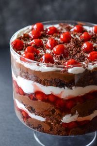 Black Forest Trifle - layers of chocolate cake, chocolate pudding, whipped cream and cherry filling!