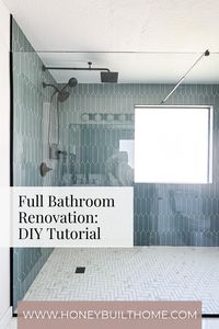 Here is my step-by-step tutorial on how to renovate a master bathroom start to finish. How to tile a bathroom shower, how to demo a bathroom, installing a toilet, installing a bathroom vanity and more! Check out more tutorials at Honeybuilthome.com