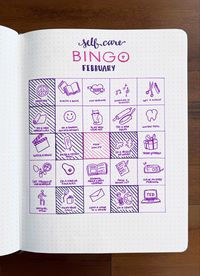 Self care bingo bullet journal layout inspiration or idea to prioritize making time for yourself throughout the month — works best if you customize it with activities that you love or have been wanting to do or try