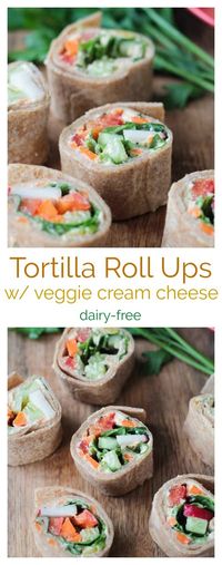 These creamy, crunchy little tortilla rollups are the perfect appetizer or lunch. Loaded with dairy free veggie cream cheese, then topped with more fresh cut veggies, and all rolled up into a tortilla and cut into bite size pieces - these are not only delicious, but so fun to eat! Perfect for your child's lunchbox - customize it with their favorite veggies. Great for party finger food appetizers, too!