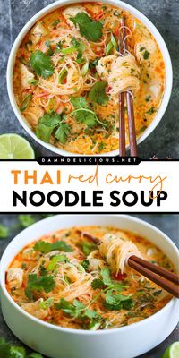 Skip takeout and have this delicious home-cooked meal instead! It's such a cozy soup recipe for dinner. Made with chicken, red curry, coconut milk, and more, this Thai rice noodle soup is so good!