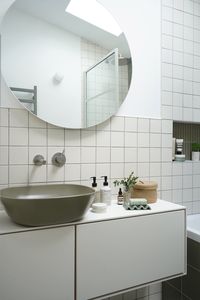 [Ad] A small green bathroom with a green sink, with VitrA Bathrooms – minimalist bathroom ideas - neutral bathroom ideas - bathroom trends