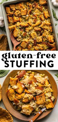 This gluten-free stuffing tastes just like the real thing with crusty bread, fresh herbs, and butter. This is the most delicious stuffing recipe and will become a family favorite for Thanksgiving and holidays. 