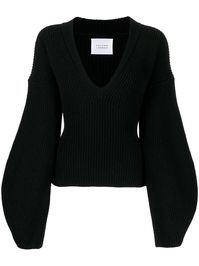 black wool-cashmere blend ribbed knit V-neck long puff sleeves straight hem