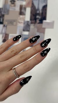 Black and Silver star nails with gems / crystal / diamond