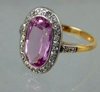 Edwardian ca 1900 gold and silver ring set with pink popaz and diamonds.