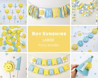 "Looking for Boy 1st Birthday party decorations?! Adorable Sunshine Themed Party in a Box containing everything you need for a totally gorgeous party! We've bundled our bestsellers and are offering the bundle items with a 10% discount from our standard retail prices. --COLOR-- * Yellow, Baby Blue, White ⇒ SMALL bundle includes * One Highchair Banner * Party Hat * Cake Topper * 100 pcs Confetti * 10 ft Circle Garland ⇒ MEDIUM bundle includes * One Highchair Banner * Party Hat * Cake Topper * 100