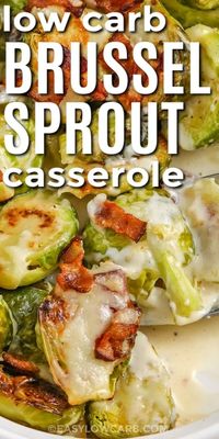 This creamy brussel sprout casserole combines tender sprouts with crispy bacon and a rich cheddar cheese sauce. Lightly spiced with garlic and mustard powder, and topped with extra cheese, this comforting dish is baked until golden and bubbly. Perfect as a side for any meal, this recipe is the perfect blend of flavors and textures that will make Brussels sprouts a new favorite #easylowcarb