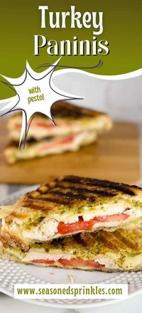 Turkey pesto paninis combines roast turkey leftovers with bright pesto and ooey gooey cheese. These easy sandwiches are a yummy lunch or light, easy dinner any time. #sandwiches #paninis #turkey #pesto #recipe #lunch #dinner