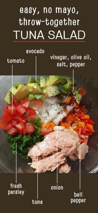 This is the easy lunch I make myself ALL THE TIME in the summer: no mayo throw-together tuna salad. Nightshade-free options shown, too! Paleo, Whole30, AIP friendly.