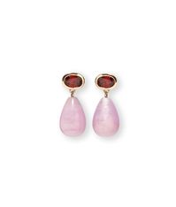 We've merged a classic silhouette with pops of saturated color for easy, elevated wear and standout sparkle. These limited edition 14k gold earrings showcase faceted garnet tops and hanging purple-pink kunzite drops.