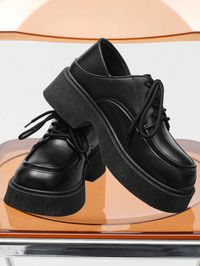 Vintage Style Lace-Up Height Increasing Dress Shoes, Men's Round Toe Low-Cut Thick Sole Casual Leather Shoes, Men's Fashionable British Style Business Leather Shoes, Men's Fashionable Couples' Leather Shoes Black     Plain    Men Shoes, size features are:Bust: ,Length: ,Sleeve Length: