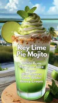 Craft a dessert-inspired Key Lime Pie Mojito cocktail, a creative twist on the classic version. With the addition of key lime juice, white rum, fresh mint, heavy cream, and the traditional mint and soda, garnished with crushed graham and whipped cream. #KeyLimePieMojito