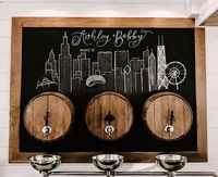 Chicago skyline illustration on large wedding reception chalkboard.