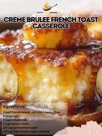 Creme Brulee French Toast Casserole Decadent Vanilla Bean French Toast Bake Ingredients: 1 loaf French bread, cut into 1-inch cubes 8 large eggs 2 cups whole milk 1 cup heavy cream 1/2 cup granulated sugar 1/4 cup light brown sugar, packed 1 tablespoon vanilla extract 1 teaspoon ground cinnamon 1/4 teaspoon ground nutmeg 1/4 teaspoon salt For the topping: 1/2 cup unsalted butter, cold and diced 1 cup light brown sugar, packed 1 teaspoon ground cinnamon 1/4 teaspoon ground nutmeg Directions: G...