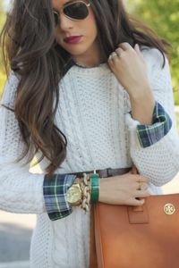 Love the button down layered with the cream sweater!