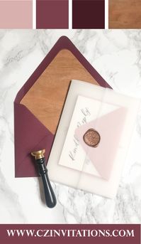 REAL WOOD ENVELOPE LINER with burgundy and blush envelopes. these vellum wedding invites are sealed with a custom copper wax seal to tie it all together. Love the burgundy and blush color combo for fall weddings or rustic weddings.,   fall wedding, rustic wedding ideas, Burgundy wedding invitations, blush and Burgundy invitations for fall wedding, vellum invite.