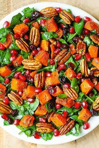 Butternut Squash Spinach Salad with Pecans, Cranberries, Pomegranate with Poppy Seed Honey-Lime Dressing