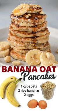 If you’re on the hunt for simple clean-eating breakfast recipes, you’re going to love these healthy banana oatmeal pancakes! They are made with just a few ingredients plus the optional vanilla, cinnamon and mix-ins of your choice. Just mix together oats, eggs and bananas and cook them on a skillet just like regular pancakes. Even my picky kids love them! They have no idea they are eating a healthy breakfast packed full of fiber and protein. Super quick and easy to make, too!