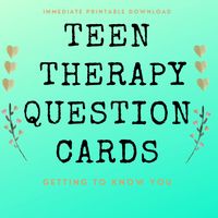 Perfect for Therapists, Counselors, Interns & Associates, working with Teen Clients. Getting To Know You Teen Therapy Question Cards, Flash Cards.  What will you get? An immediate, printable, download. Nothing will be mailed. This is not a physical product. After you pay, you will be able to immediately print my PDF with 25 questions. You can print in color or black and white. You can cut out the questions or use as sheet. You can laminate your cards only if you want to.  You can print on thicke