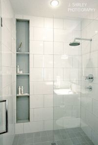 big subway tiles, glass wall, modern shower.  J Shirley photography