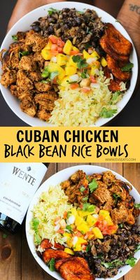 Cuban Chicken & Black Bean Rice Bowls -Cilantro-lime rice and Cuban style black beans serve as the base for juicy chicken tossed in a blend of fresh orange juice, lime juice, garlic, smoked paprika, oregano, and cumin.