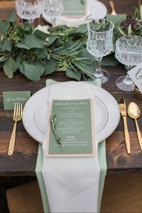 Cozy Winter Wedding Styled Shoot - Looking for winter wedding inspiration? Check out this styled shoot full of pretty details: winter whites, lush greenery, champagne toasts, and a hint of sparkle. green and beige wedding menu card Christmas {Conforti Photography LLC}