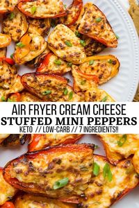 Air Fryer Cream Cheese Stuffed Mini Peppers - a quick and easy appetizer recipe that is an epic crowd-pleaser! Only 7 ingredients for this cheesy delight! Keto, low-carb, delicious. #stuffedpeppers #peppers #minipeppers #creamcheese #appetizer #keto #lowcarb #ketorecipes