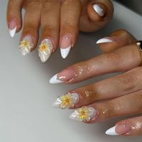 French Tip Press on Nails Short Almond Fake Nails White Glue on Nails Yellow Flower False Nails with Simplicity Design Acrylic Nails Full Cover Glossy Stick on Nails Artificial Nails for Women Girls