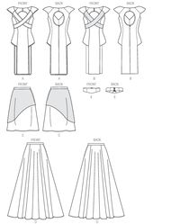 MISSES' TABARDS, SKIRTS AND BELT: Close-fitting tabards have yoke variations, princess seams, attached front bands with topstitching, and invisible back zipper and hook & eye closing. A: purchased trim. Skirts have waistband, narrow hem and side zipper. C: overskirt. D: princess seams. Belt has backing, seam detail, eyelets and purchased lacing. Designed for light weight woven fabrics. SUGGESTED FABRICS: A,B,D: Jacquard, Silk/Silk Like. C: Pleated Silk, Linen, Twill. E, Contrast C: Synthetic Suede. Backing E: Felt. Lining: Cotton/Cotton Blends, Lining Fabrics.