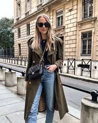 Trench coat outfit, olive trench coat, spring trench coat outfit, paris outfit, london outfit, how to style a trench coat