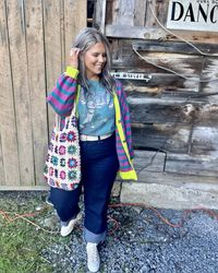 This is a 🛍️Shoppable🛍️ Pin!    Fall outfit, cardigan outfit, casual outfit, midsize outfit, women's outfit Neon pink and green striped cardigan, wide leg denim jeans, converse, hobo bag, graphic tee midsize, curvy, outfit, idea, inspo, inspiration, outfit of the day, ootd, midsize ootd, curvy ootd, midsize outfit, curvy outfit, size 12, size 14, size 16, size18  #fall #ootd #outfits #outfitoftheday #womenswear