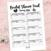 "This printable Bridal Shower Family Feud game will make a fun addition to your next Bridal Shower event! See below for important details! ↓↓ INSTANT DOWNLOAD * *  Please note this is an INSTANT DIGITAL DOWNLOAD and no physical items will be shipped. * *  INCLUDED IN THIS LISTING: ★ 10 Feud Game Questions (part 1) ★  3 Fast Money Round Questions (part 2) ★  Instruction Sheet ★  Answer Sheet This games come with: * High resolution PDFs sized 5\" x 7\" * High resolution PDFs sized 8.5\" x 11\" * High resolution PDFs sized 8.5\" x 11\" with trim marks for twice the 5\" x 7\" design  * Answer card (8.5\" x 11\") with the answers for all questions on one page. * Instruction sheet (8.5\" x 11\")  ★  A FREE BONUS game is included! This order comes with a FREE printable \"Who Am I?\" game with 2 g