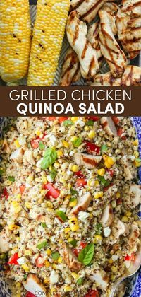 This grilled chicken quinoa salad is a one-bowl wonder of quinoa, grilled chicken and corn, red bell peppers, pine nuts, basil and feta cheese. It’s as perfect for a light healthy meal! | quinoa salad recipes healthy | quinoa salad recipes easy | how to make quinoa salad | quinoa salad with chicken | quinoa salad with feta cheese | quinoa salad with corn | quinoa salad with bell peppers | healthy quinoa salad clean eating | healthy quinoa salad low calories | healthy new year recipes