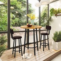 Any space can easily accommodate this bar set, with a round bar table and two upgraded stools, for a cozy home bar setting.