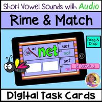 This 23 page drag and drop deck has short vowel rimes. On each of the slides in the deck there is a given short vowel word. Students will drag and drop two words that rime with each given word. #Jackiecrews #Englishlearners #ESL #cvc #kindergarten #grade1 #grade2 #grade3 #earlyliteracy #literacycenters #taskcards