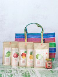 Choose between a smaller gift set that contains 3 bags of dried fruit—Pineapple, Mango and Guava—or a larger one that contains 5 bags—Pineapple, Mango, Green Mango, Guava, and Wax apple. Both the smaller and larger gift set come with a jar or Shangi Taiwanese Plum Powder and a Ga Ji Dai Grocery Tote.This product is par