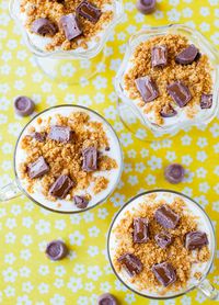 No-Bake Rolo and Caramel Cheesecake Parfaits with Graham Cracker Crumble - Rich, creamy, loaded with caramel & Rolos! Fast, easy, 5-minute Recipe at averiecooks.com