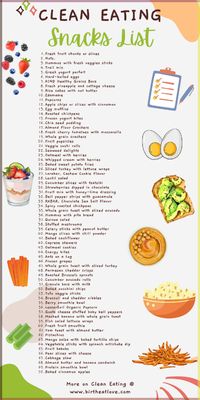 Here's a great list of Clean eating snacks ideas for meal planning and meal prep. Are you looking for healthy snacks to feed your family? These clean eating snack ideas are the best! Quick and easy snacks for clean eating plus snack recipes with only clean ingredients. Even includes lots of prepackaged clean snacks too.