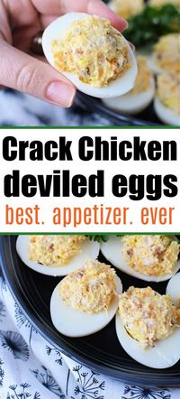 Crack chicken deviled eggs is the best Easter or Super Bowl appetizer ever. Use rotisserie, leftover or canned chicken. Easy and delicious.