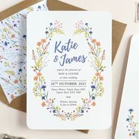 Delicate watercolour wildflowers and beautiful typography make these invitations the perfect way to invite guests to your wedding day. The wording on our invitations are fully customisable. Please supply the exact wording you'd like when placing the order. Available as daytime or evening invitations. If ordering both versions please add these to your basket separately. We can add a dotted line onto the invite for you to write your guests names or if you'd like guest names printed, please select