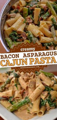 Grab some rigatoni and try this tasty dinner recipe for the family! You are only 35 minutes away from this easy meal. Loaded with bacon, asparagus, garlic, and spinach, this creamy Cajun pasta recipe is the best kind of comfort food!