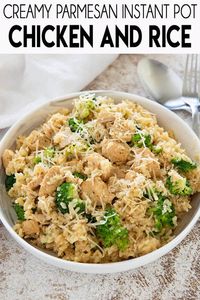 Instant Pot Chicken and Rice comes out perfect every time!  So easy to make in 20 minutes and packed full of juicy chicken, creamy parmesan, and garlic flavor!