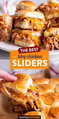 These BBQ Chicken Sliders are a favorite party appetizer! Made with fluffy Kings Hawaiian rolls, BBQ sauce, shredded chicken and cheese, this sliders recipe also makes a great easy dinner.