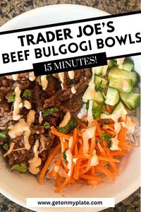 If you haven't tried Trader Joe's Beef Bulgogi, you're missing out! It's super flavorful and cooks up in about 10 minutes. One of my favorite ways to enjoy it is in these colorful beef bulgogi rice bowls and plenty of delicious sriracha mayo drizzled over the top! This dinner recipe is made with Trader Joe's ingredients and perfect for an Trader Joe's easy meal! Crunchy veggies, sweet beef bulgogi and creamy sriracha mayo all come together for a delicious meal ready in 15 minutes!