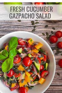 All the flavors of your favorite Spanish gazpacho soup, but in a cool and refreshing veggie salad. It's the perfect side dish, potluck recipe and meal prep salad! Pin this one to your favorite recipe board today.